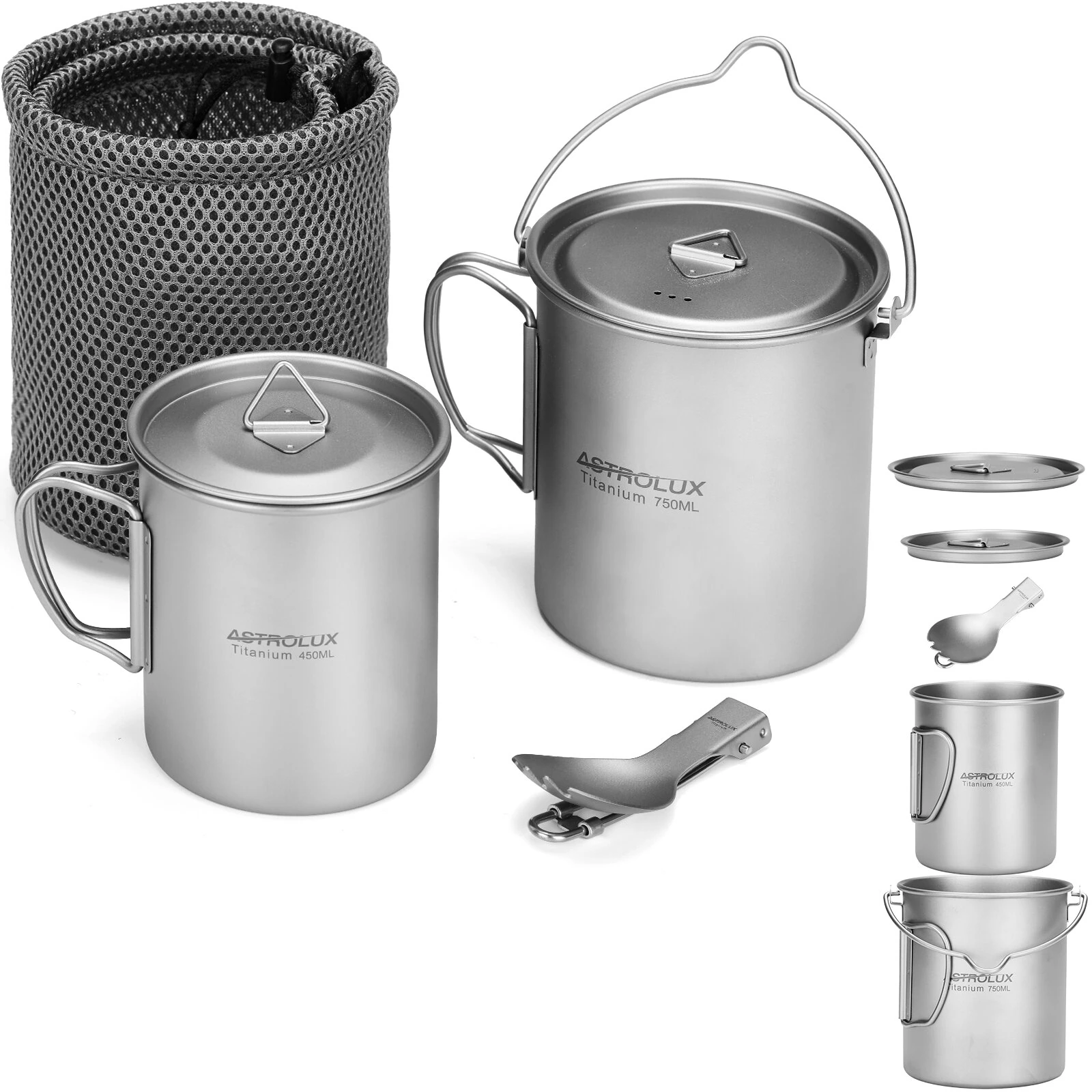 (image for) Astrolux&reg; Ti-M1 Titanium Mug Titanium Pot Lightweight Camping Pot Titanium Cup Titanium Backpacking Pot with Portable Foldable Handles for Outdoor Camping Hiking Backpacking
